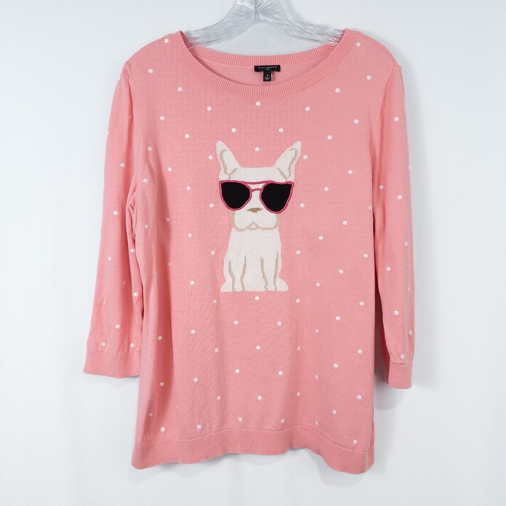 Talbots Plus Embroidered French Bulldog Polka Dot Sweater Size X Preppy Twee